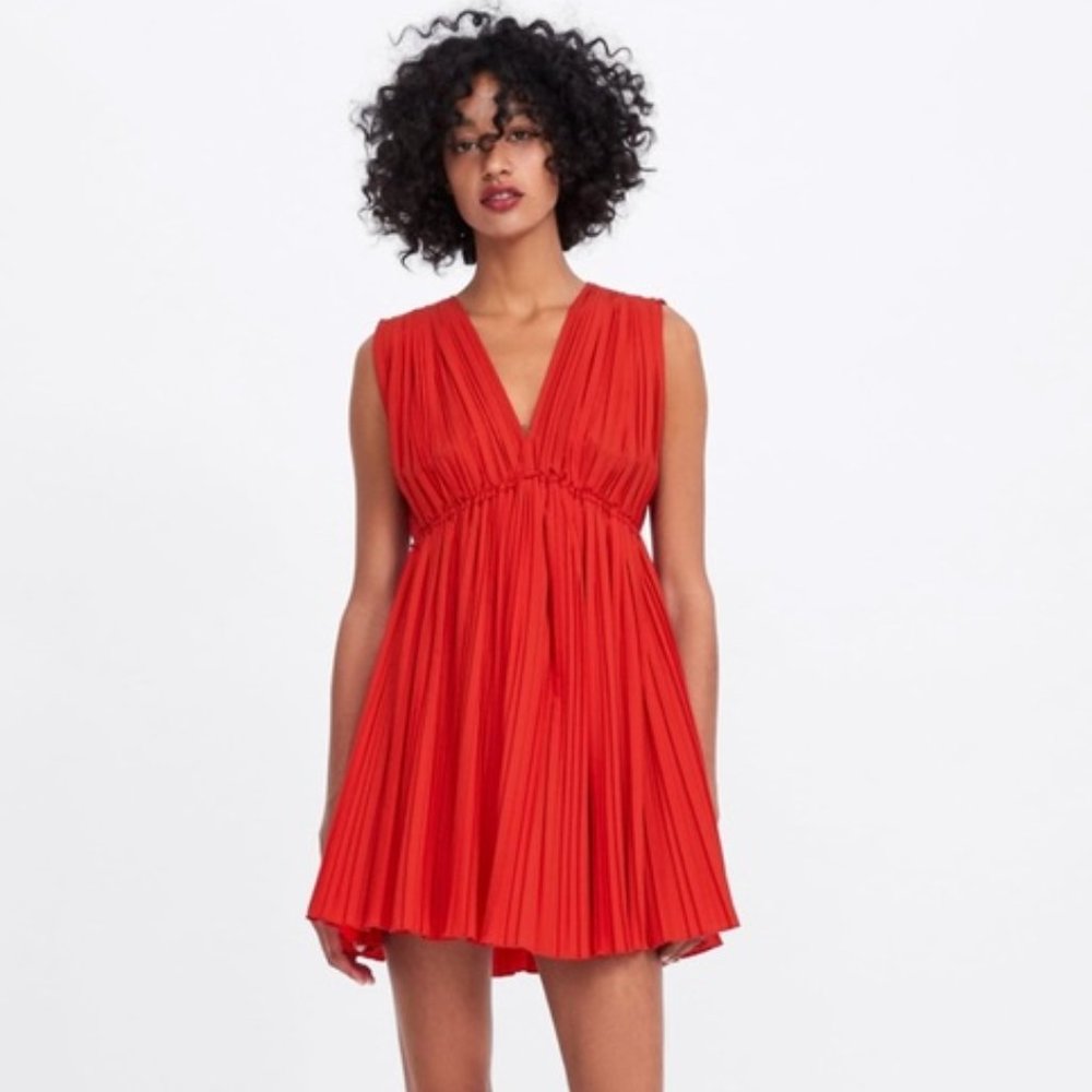 Zara - Mini Pleated Deep V Poplin Dress